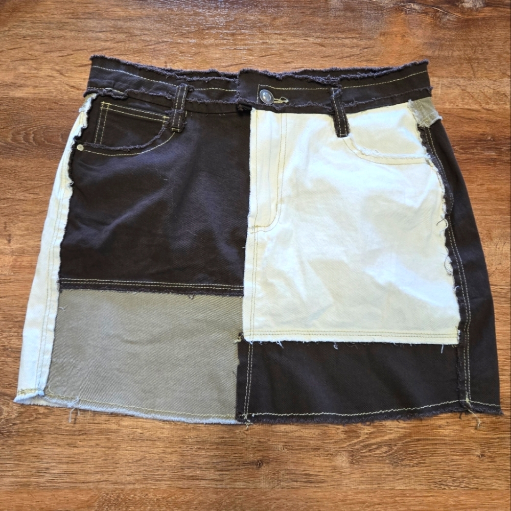 Y2K Rue 21 Patchwork Denim Skirt - Brown and Cream Size Large